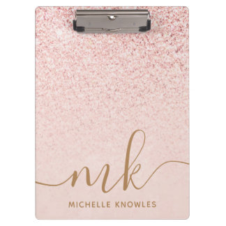 Trendy Rose Gold Glitter Fancy Initials and Name Clipboard