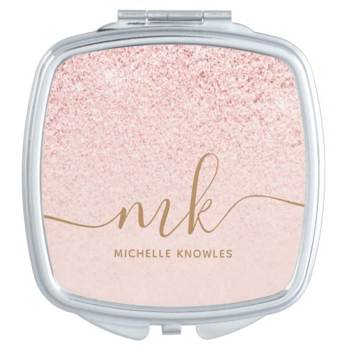 Trendy Rose Gold Glitter Fancy Initials and Name Compact Mirror