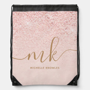 Trendy Rose Gold Glitter Fancy Initials and Name Drawstring Bag