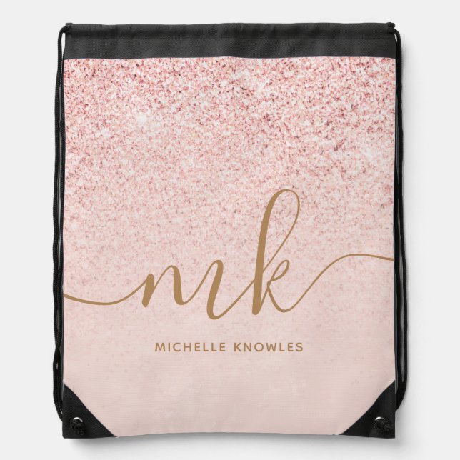 Trendy Rose Gold Glitter Fancy Initials and Name Drawstring Bag (Front)