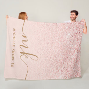 Trendy Rose Gold Glitter Fancy Initials and Name Fleece Blanket