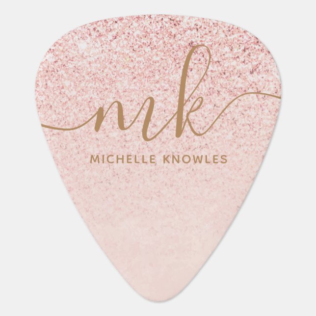 Trendy Rose Gold Glitter Fancy Initials and Name Guitar Pick (Front)