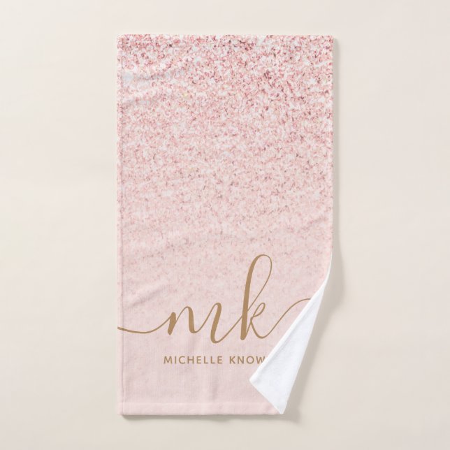 Trendy Rose Gold Glitter Fancy Initials and Name Hand Towel (Hand Towel)