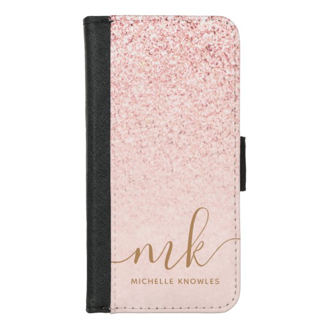 Trendy Rose Gold Glitter Fancy Initials and Name iPhone Wallet Case (Front)
