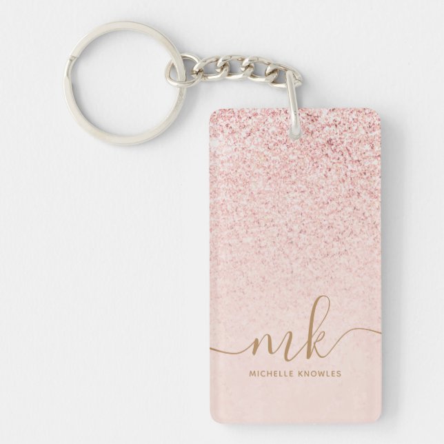 Trendy Rose Gold Glitter Fancy Initials and Name Keychain (Front)