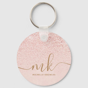 Trendy Rose Gold Glitter Fancy Initials and Name Keychain