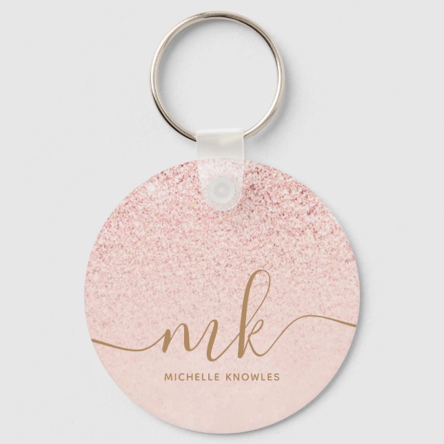 Trendy Rose Gold Glitter Fancy Initials and Name Keychain (Front)