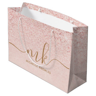 Trendy Rose Gold Glitter Fancy Initials and Name Large Gift Bag