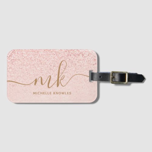 Trendy Rose Gold Glitter Fancy Initials and Name Luggage Tag