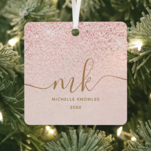 Trendy Rose Gold Glitter Fancy Initials and Name Metal Ornament