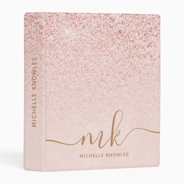 Trendy Rose Gold Glitter Fancy Initials and Name Mini Binder (Front/Spine)