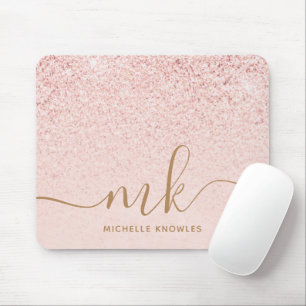 Trendy Rose Gold Glitter Fancy Initials and Name Mouse Pad