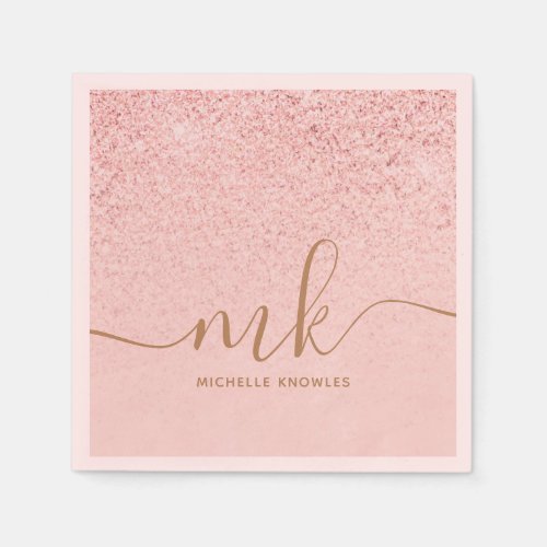 Trendy Rose Gold Glitter Fancy Initials and Name Napkins