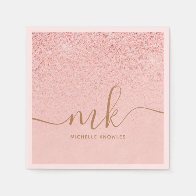 Trendy Rose Gold Glitter Fancy Initials and Name Napkins (Front)