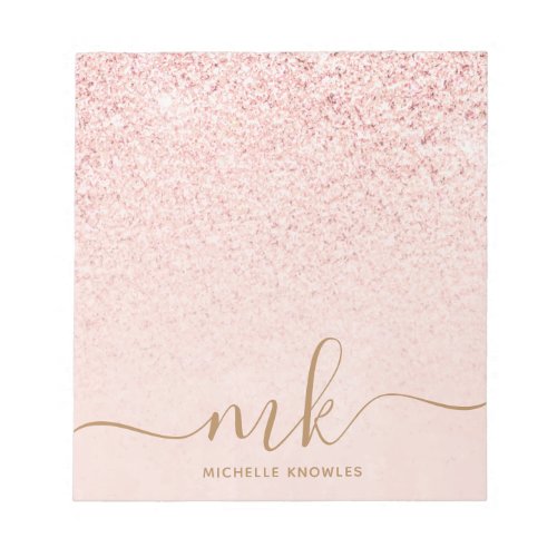 Trendy Rose Gold Glitter Fancy Initials and Name Notepad