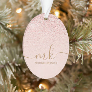 Trendy Rose Gold Glitter Fancy Initials and Name Ornament
