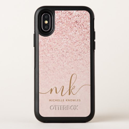 Trendy Rose Gold Glitter Fancy Initials and Name OtterBox Symmetry iPhone X Case