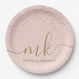 Trendy Rose Gold Glitter Fancy Initials and Name Paper Plates