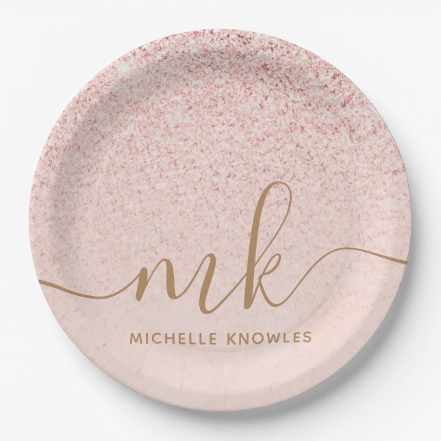 Trendy Rose Gold Glitter Fancy Initials and Name Paper Plates (Front)