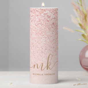 Trendy Rose Gold Glitter Fancy Initials and Name Pillar Candle