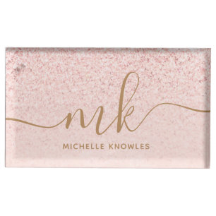Trendy Rose Gold Glitter Fancy Initials and Name Place Card Holder