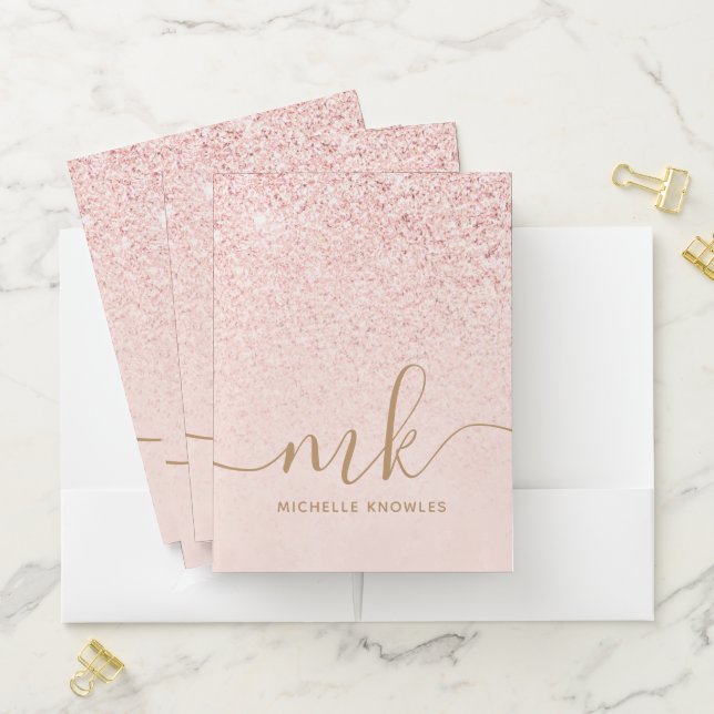 Trendy Rose Gold Glitter Fancy Initials and Name Pocket Folder (In Situ)