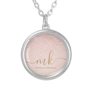 Trendy Rose Gold Glitter Fancy Initials and Name Silver Plated Necklace