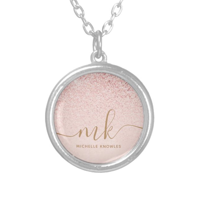 Trendy Rose Gold Glitter Fancy Initials and Name Silver Plated Necklace (Front)