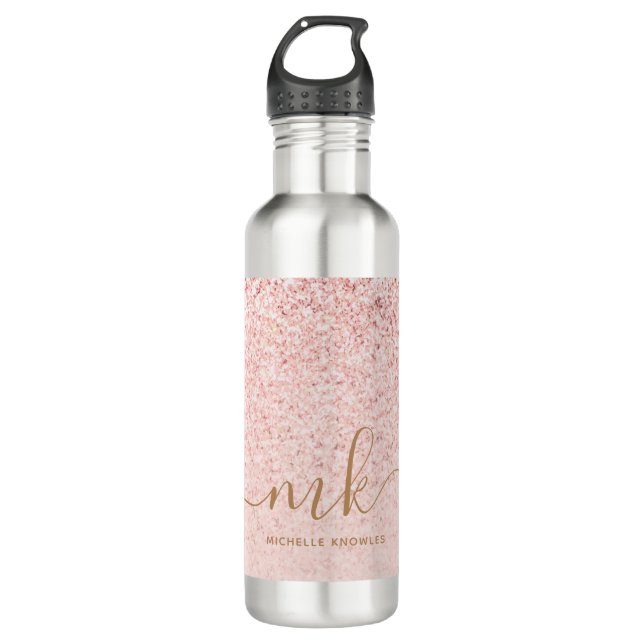 Trendy Rose Gold Glitter Fancy Initials and Name Stainless Steel Water Bottle (Front)