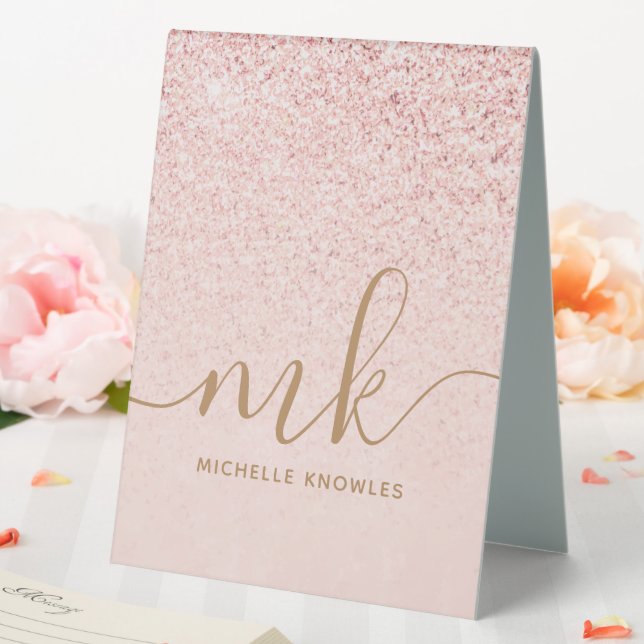 Trendy Rose Gold Glitter Fancy Initials and Name  Table Tent (In SItu (Wedding))
