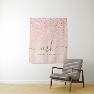 Trendy Rose Gold Glitter Fancy Initials and Name Tapestry
