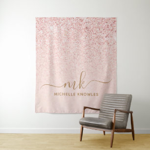 Trendy Rose Gold Glitter Fancy Initials and Name Tapestry