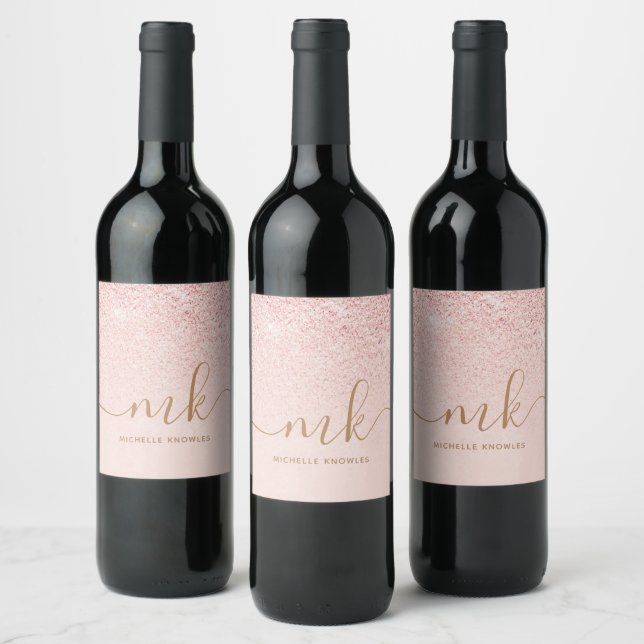 Trendy Rose Gold Glitter Fancy Initials and Name Wine Label (Bottles)