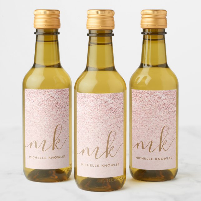 Trendy Rose Gold Glitter Fancy Initials and Name Wine Label (Bottles)