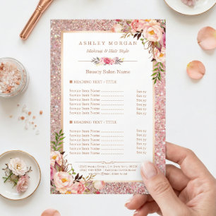 Trendy Rose Gold Glitter Floral Beauty Salon Menu Flyer