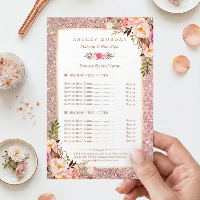 Trendy Rose Gold Glitter Floral Beauty Salon Menu Flyer (Creator Uploaded)