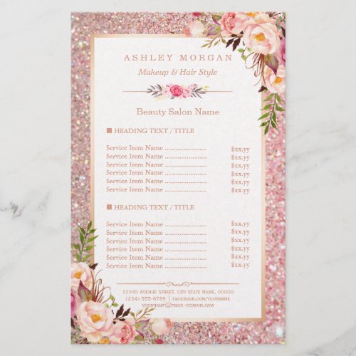 Trendy Rose Gold Glitter Floral Beauty Salon Menu Flyer