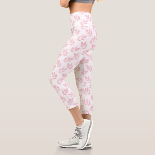 Trendy Rose Gold Glitter Foliage White Design Capri Leggings