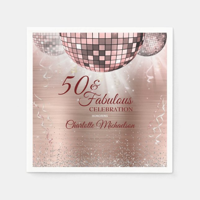 Trendy Rose Gold Glitter Glam 50 & Fabulous Disco Napkins (Front)
