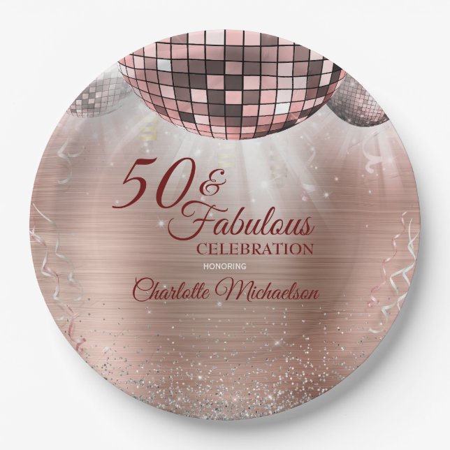 Trendy Rose Gold Glitter Glam 50 & Fabulous Disco Paper Plates (Front)