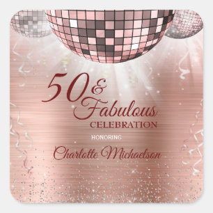 Trendy Rose Gold Glitter Glam 50 & Fabulous Disco Square Sticker