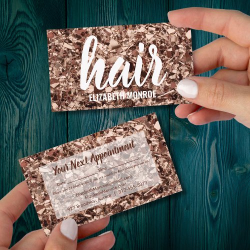Trendy Rose Gold Glitter Hair Stylist Salon Appointment Card