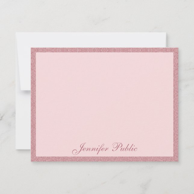 Trendy Rose Gold Glitter Handwritten Script Text Note Card (Front)