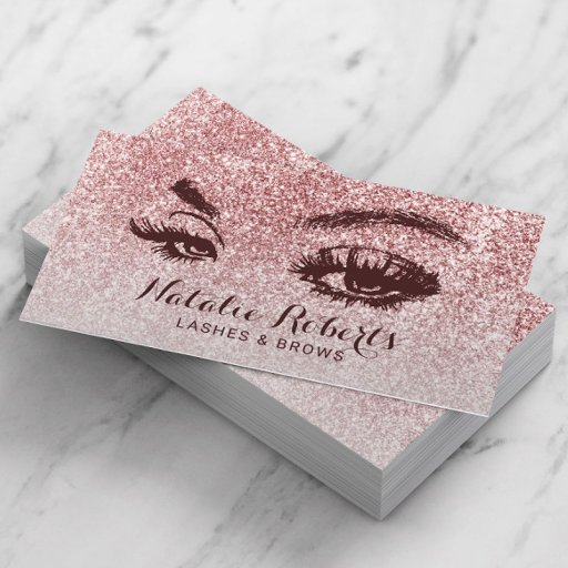 Customizable Trendy Rose Gold Glitter Lashes Eyelash Salon Business Card