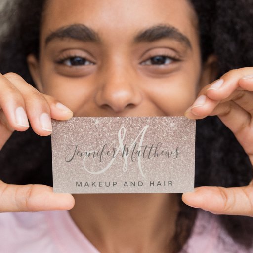 Customizable Trendy Rose Gold Glitter Makeup Artist Hair Salon Business Card