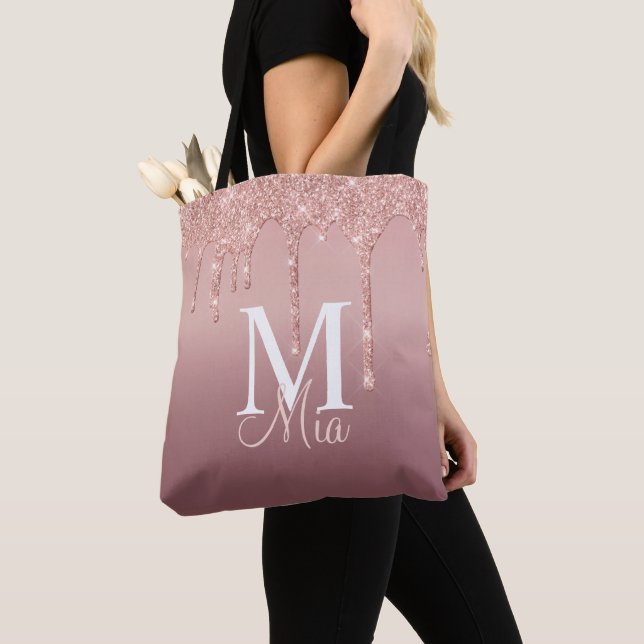 Trendy Rose Gold Glitter Monogram Personalized Tot Tote Bag (Close Up)