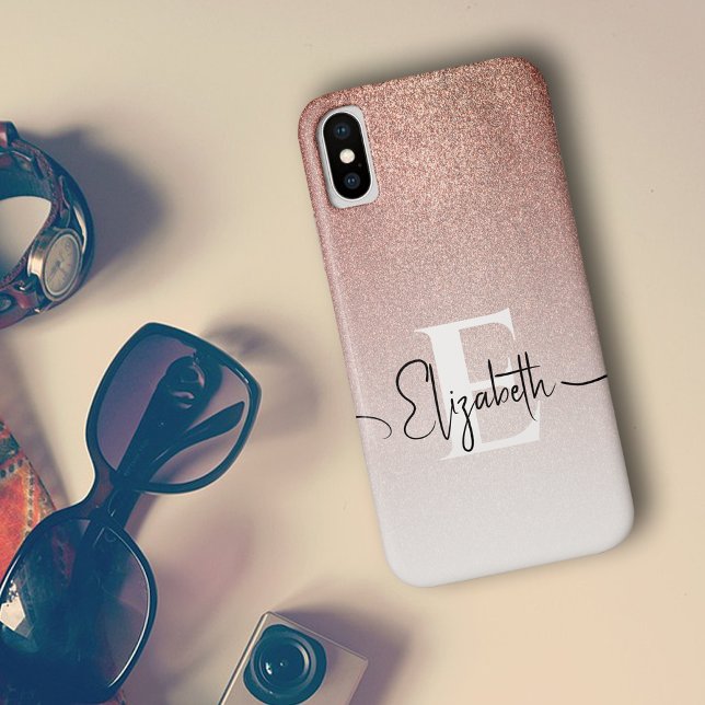 Trendy Rose Gold Glitter Monogram Script Name Case-Mate iPhone Case (Creator Uploaded)