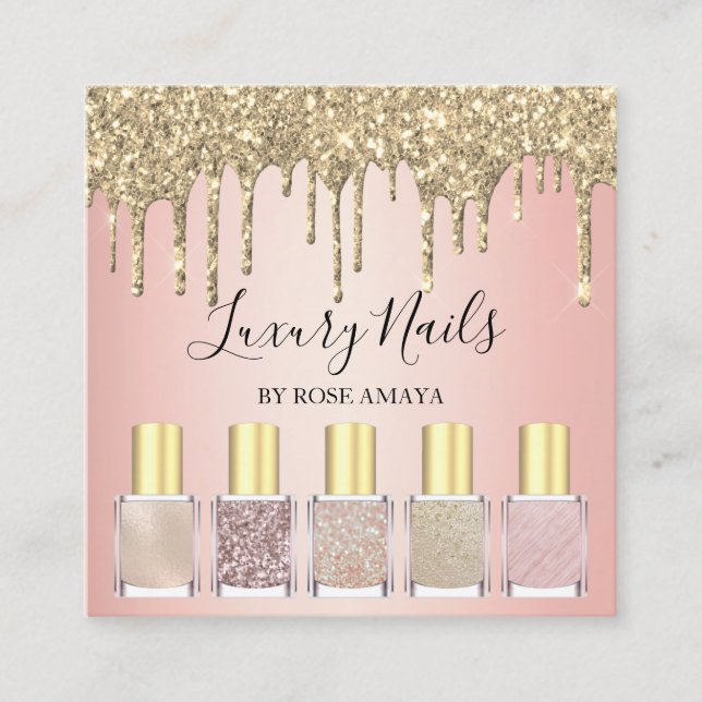 Trendy Rose Gold Glitter Nail Polish Square Business Card (Front)