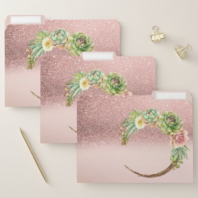 Trendy Rose Gold Glitter Ombre Cactus Succulent File Folder (Set)