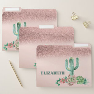 Trendy Rose Gold Glitter Ombre Cactus  Succulent File Folder